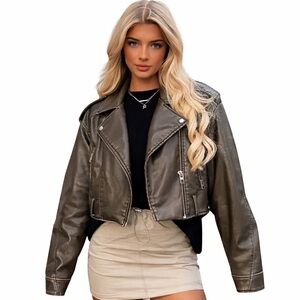 Zara Cropped Biker Moto Jacket Small Charcoal Grey Faux Leather NEW Tags